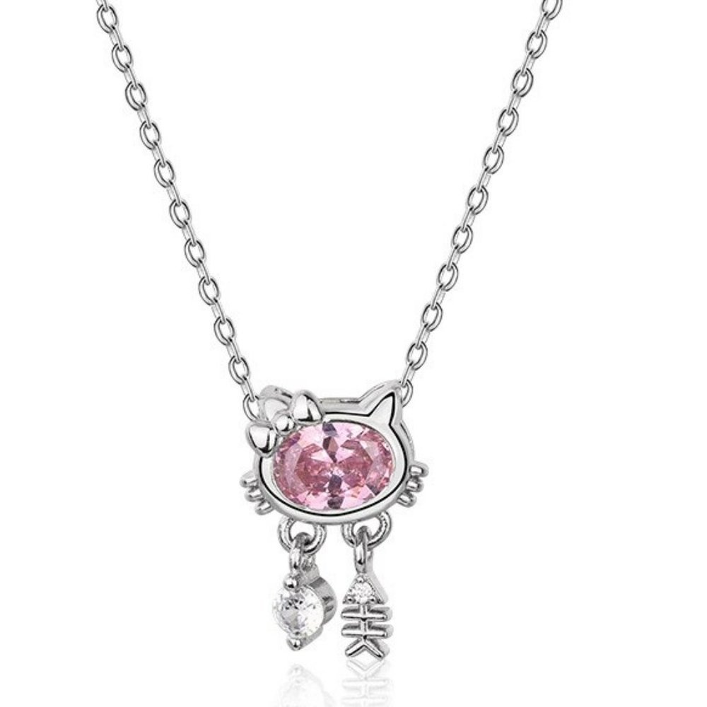 Sanrio Hello Kitty Pendant Necklace Silver Fish Bone w/ Pink & CZ
